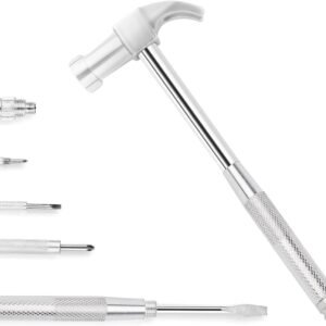 6-in-1 Multi-Purpose Hammer & Screwdriver Tool with Non-Slip Handle Slotted/Flat Head Phillips Screwdriver Mini Hammer for Opening Walnut, Home & Watchmaker Repair Tools (argent)