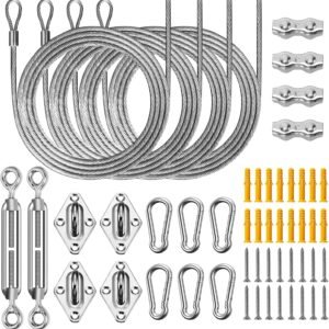 Shade Sail Hardware Winch Set Kit, 60Pcs Stainless Steel Hardware Kit for Rectangle Triangle Canopy, Heavy Duty Anti-Rust Hardware Kit Set for Outdoor Garden Patio(Ratchet Winch +304 Wire Rope)